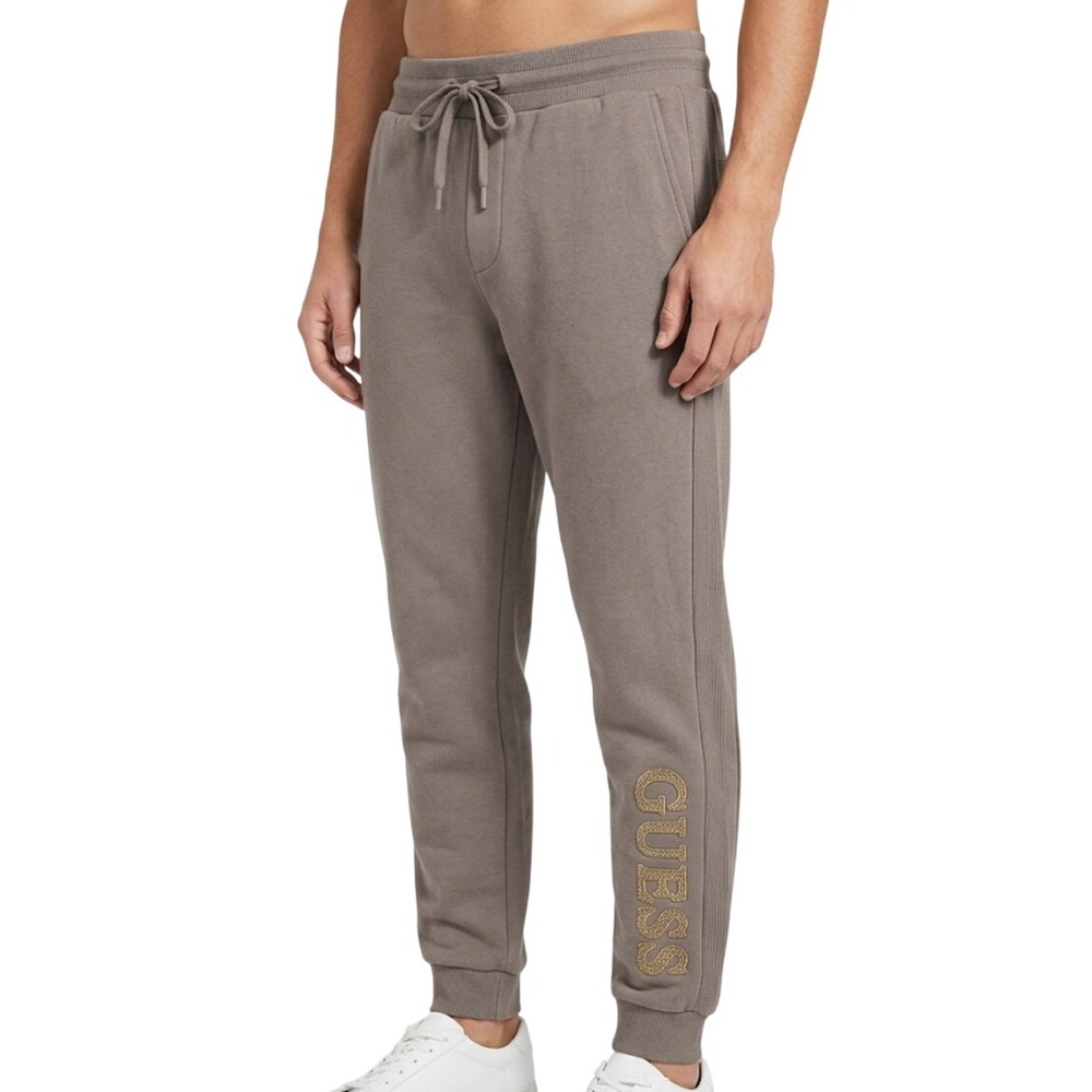 Guess‎ Joggers Mens Large Taupe Brown Chenille Logo Athleisure Sweatpants 6219